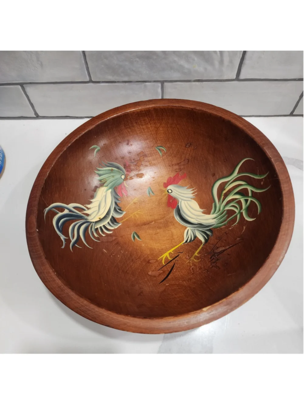 Vintage Munsing Hand Painted Rooster Wooden Footed Bowl Centerpiece 1O.5